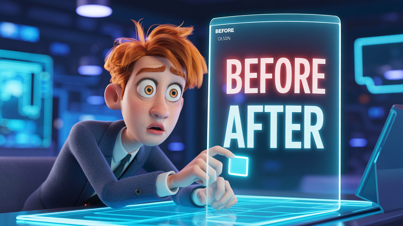 Before-and-after editing concept for copywriting on a futuristic display