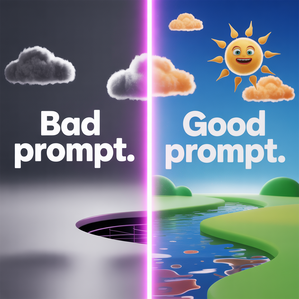 Side-by-side comparison showing a bad prompt vs a good prompt