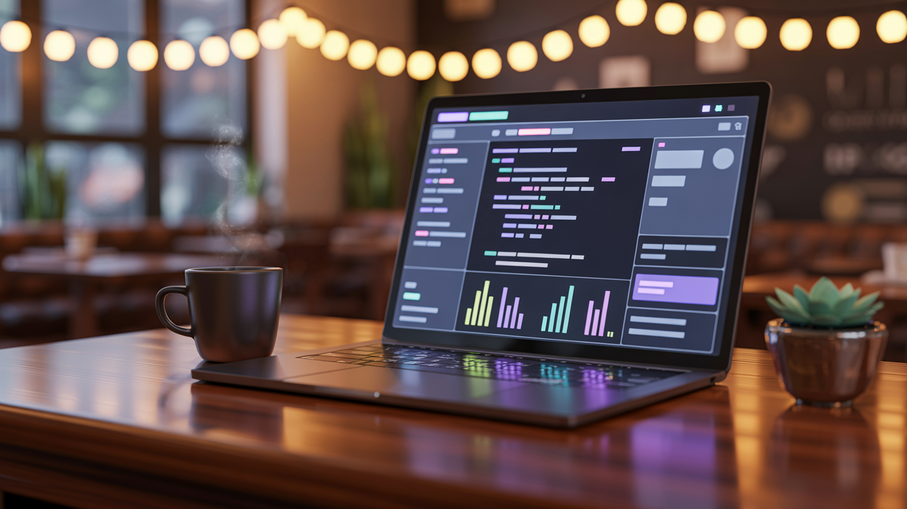 Laptop with content analytics dashboard in a cafe setting