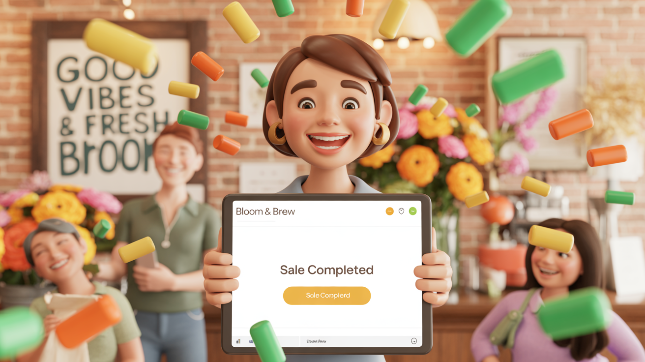 Happy customer with completed sale in a small business